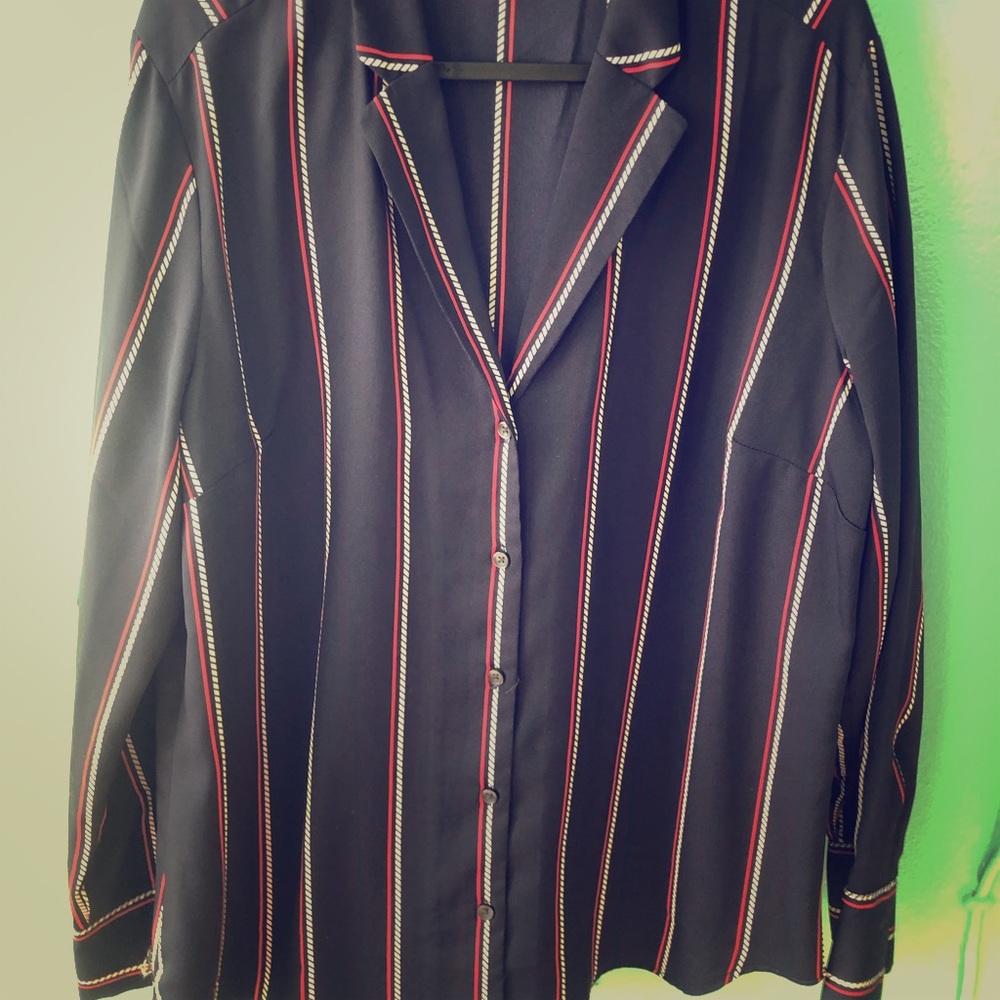 Ann Taylor Navy Striped Sz Large Blouse